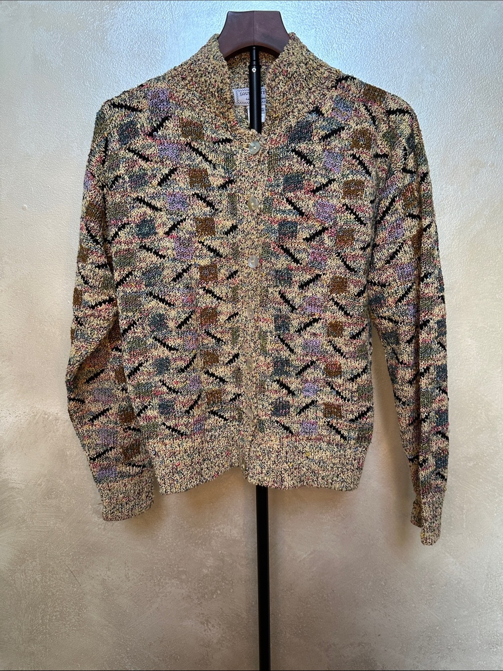 Vintage South Cotton Hand-Knit Geometric Cardigan Sweater - Size Medium